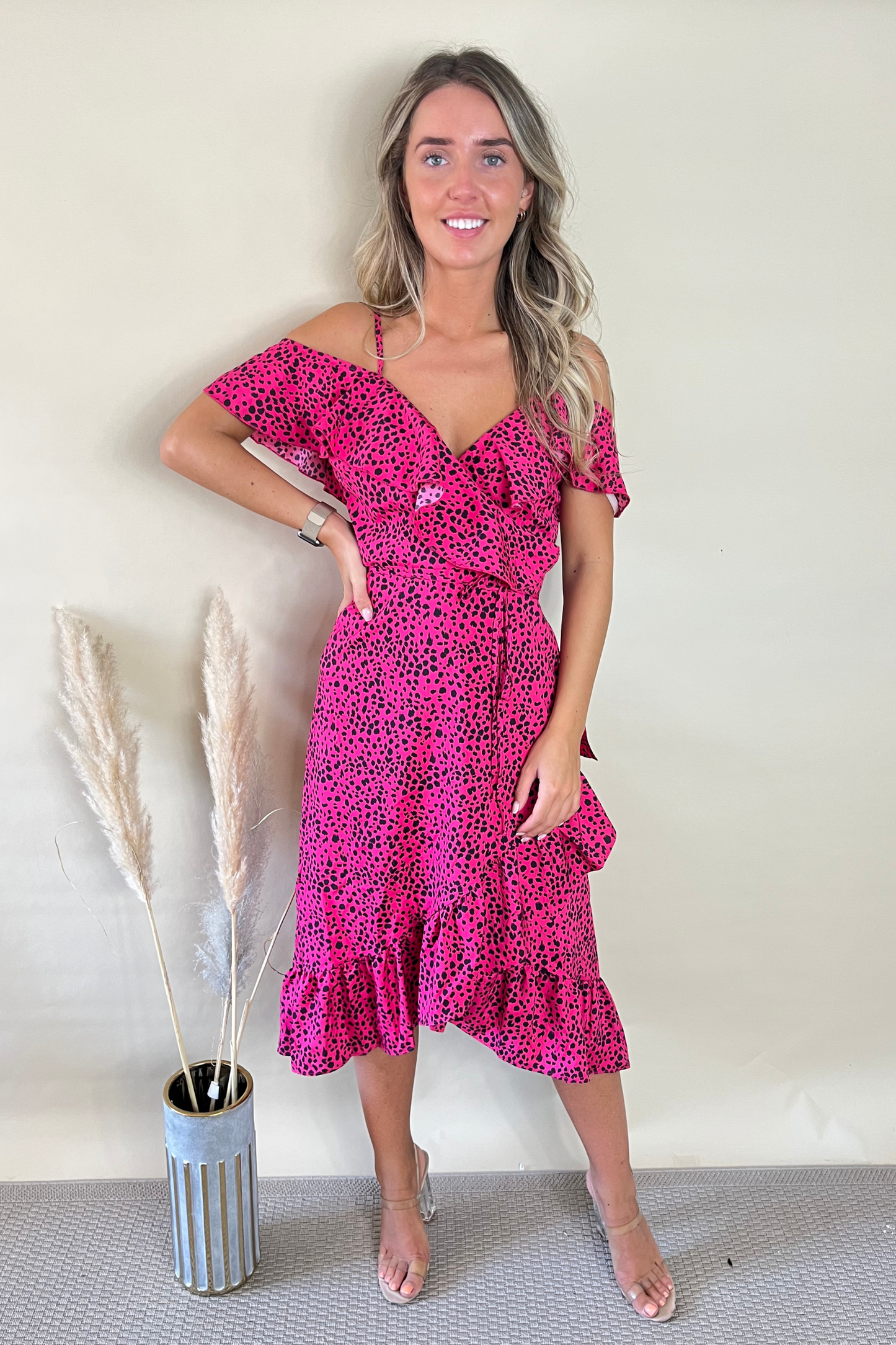 Fuchsia Animal Print Wrap Midi Dress