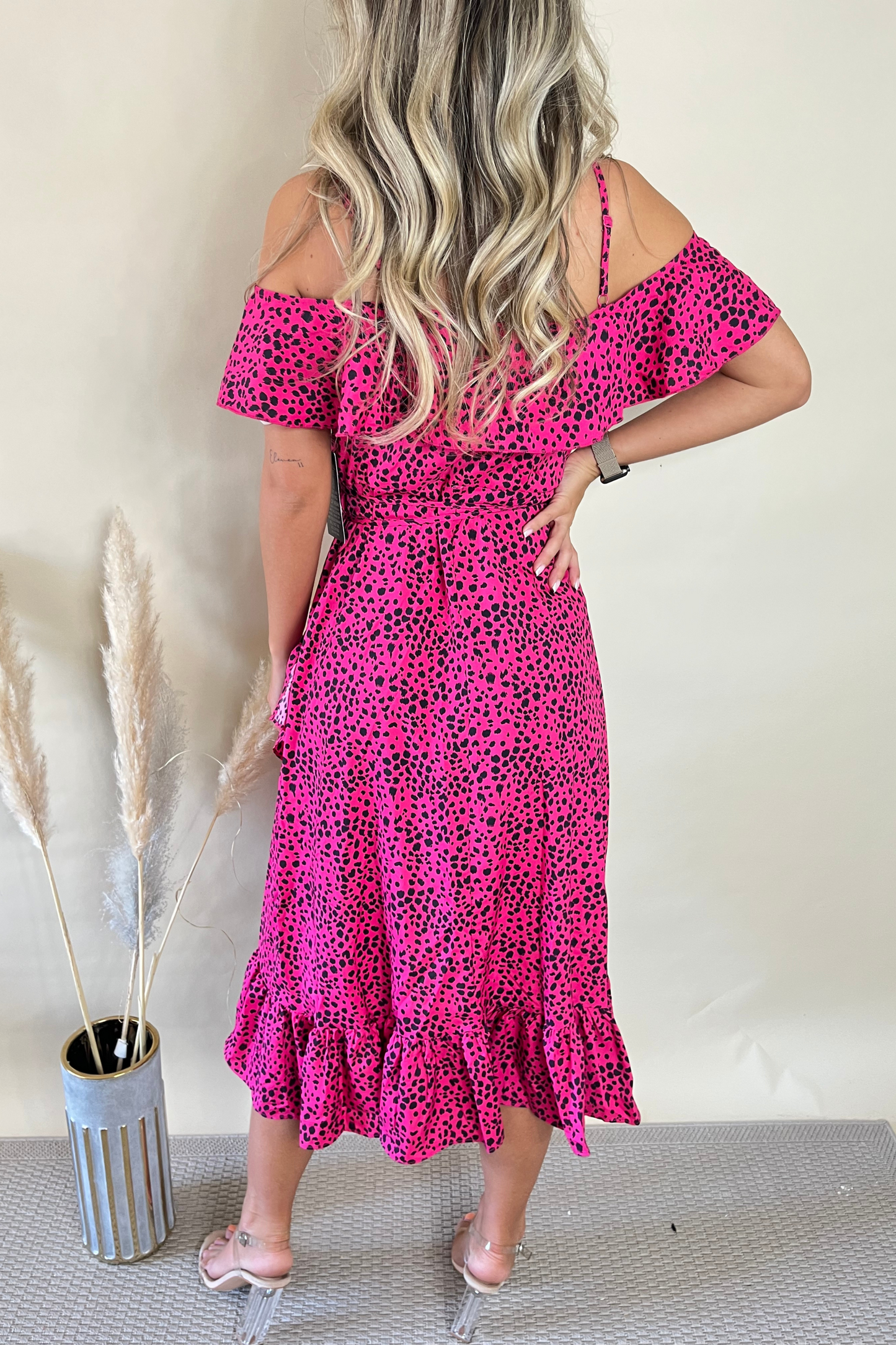 Fuchsia Animal Print Wrap Midi Dress