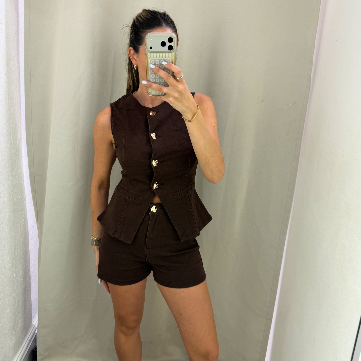 Stretch Denim Waistcoat – Chocolate