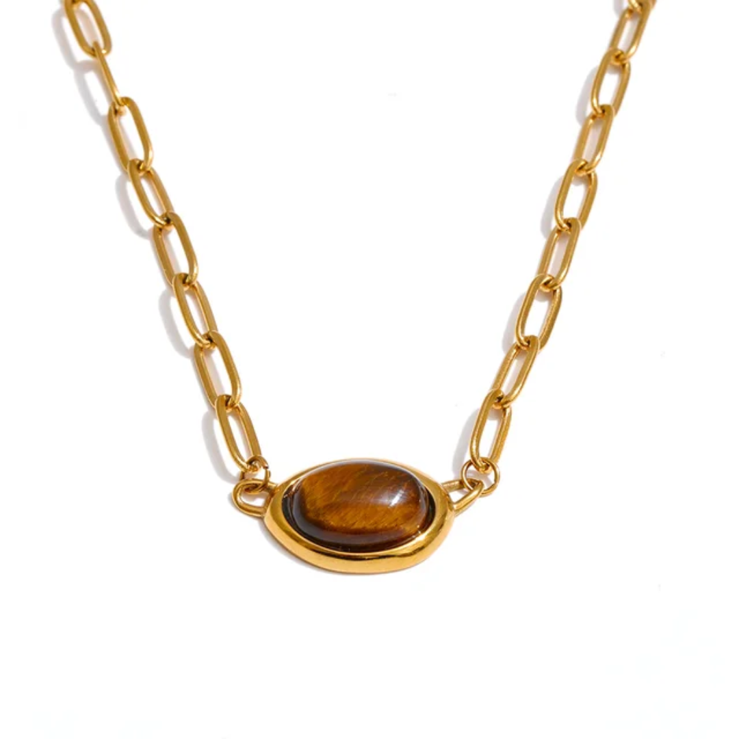 Tigers Eye Oval Pendant Gold Necklace
