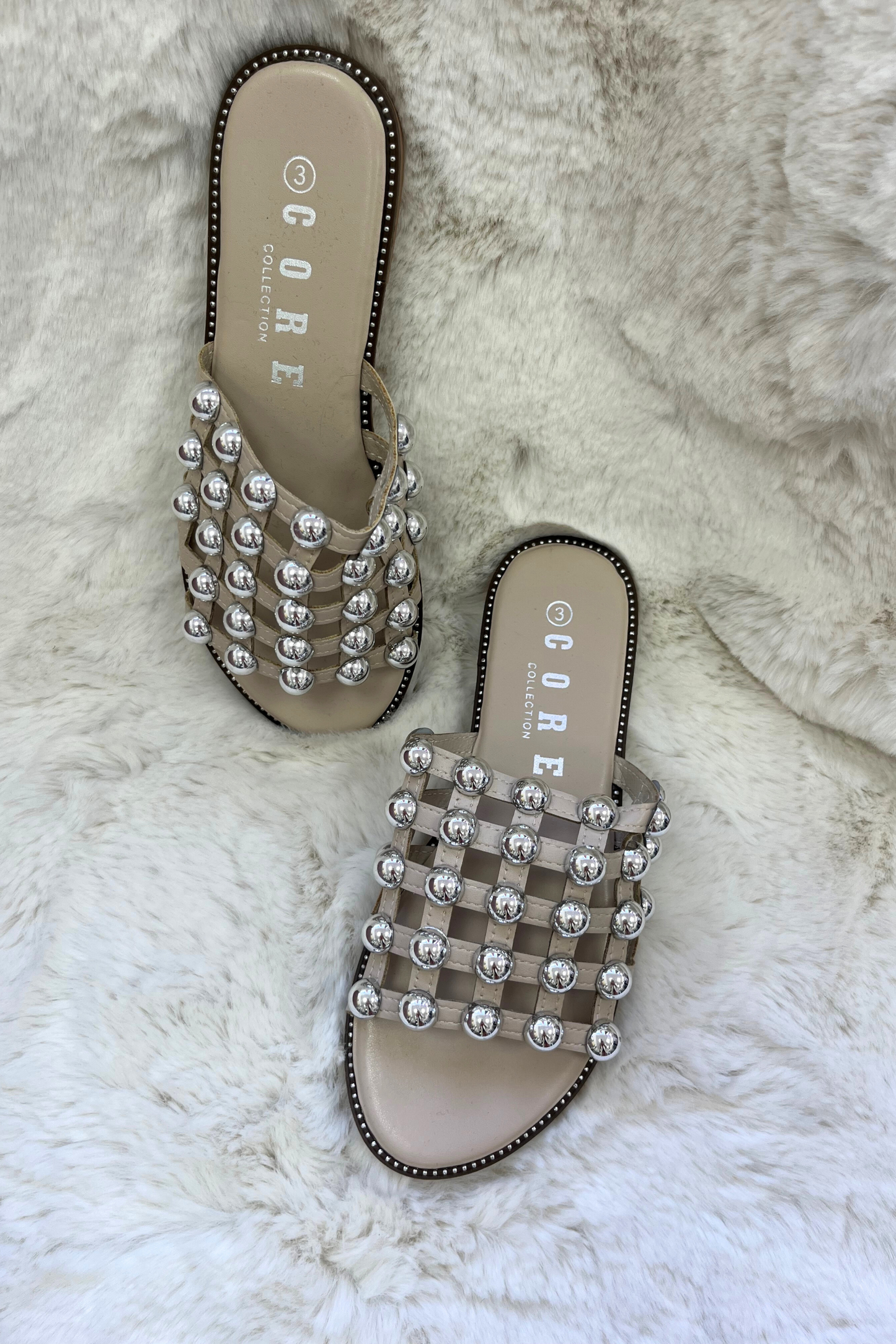 Nude Silver Studded Slip-On Sandals