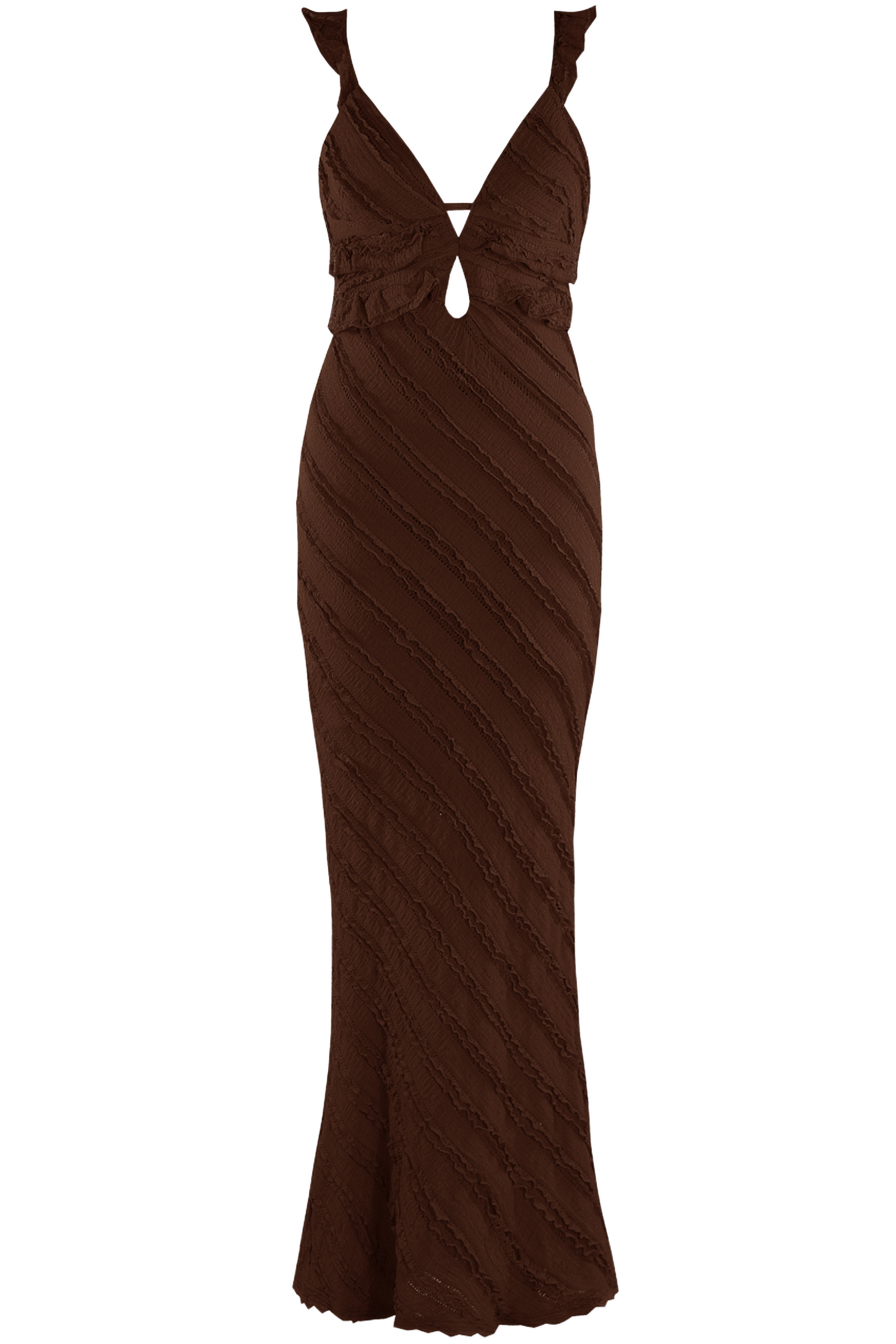 Brown Frill Plunge Neck Maxi Dress