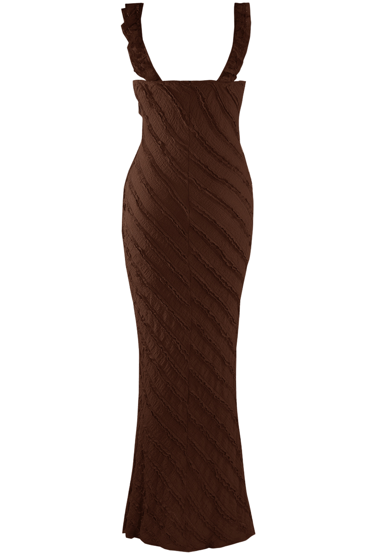 Brown Frill Plunge Neck Maxi Dress