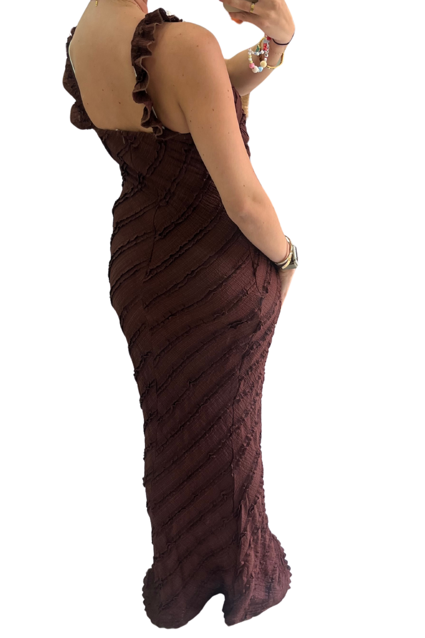 Brown Frill Plunge Neck Maxi Dress