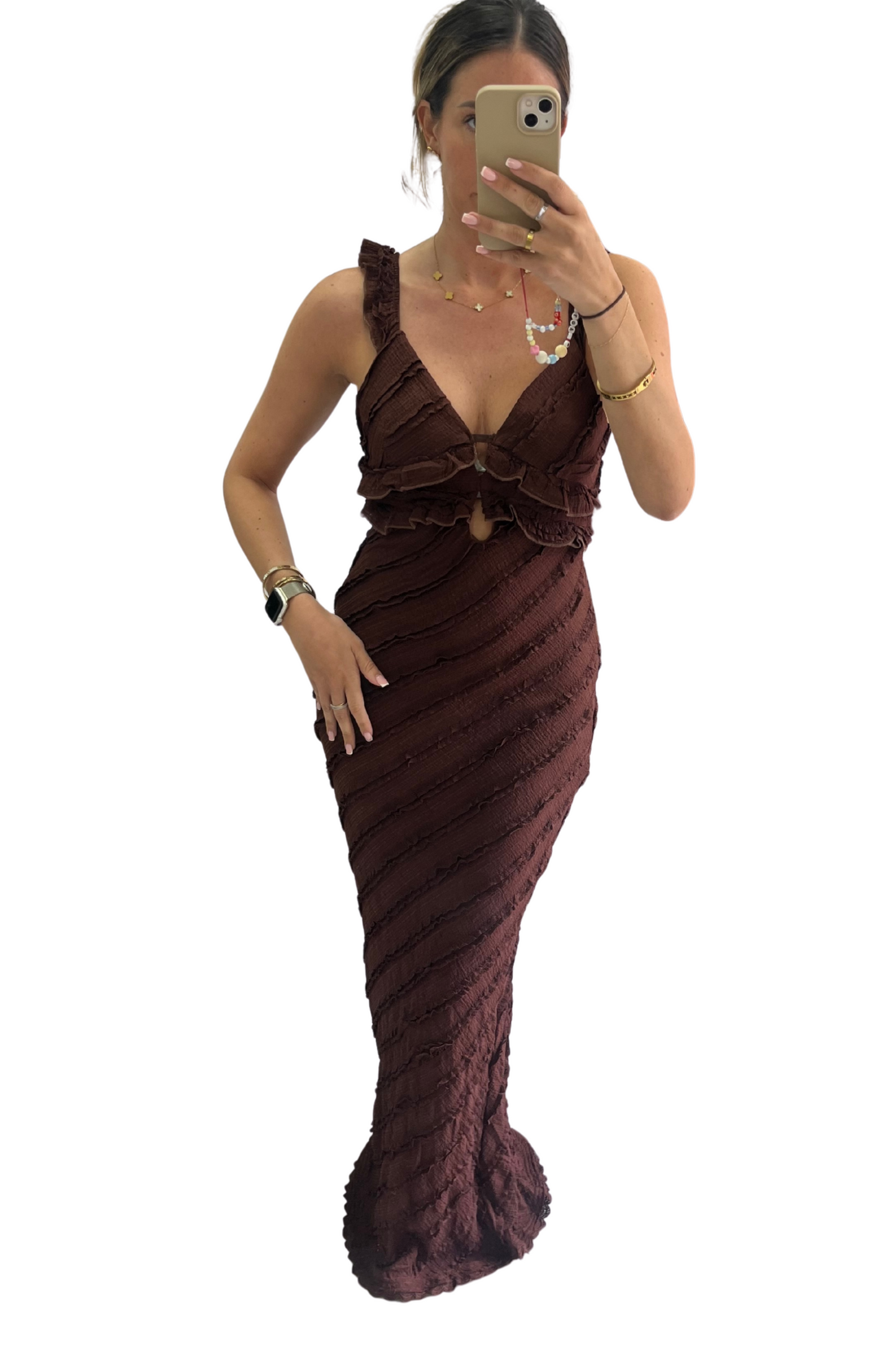 Brown Frill Plunge Neck Maxi Dress
