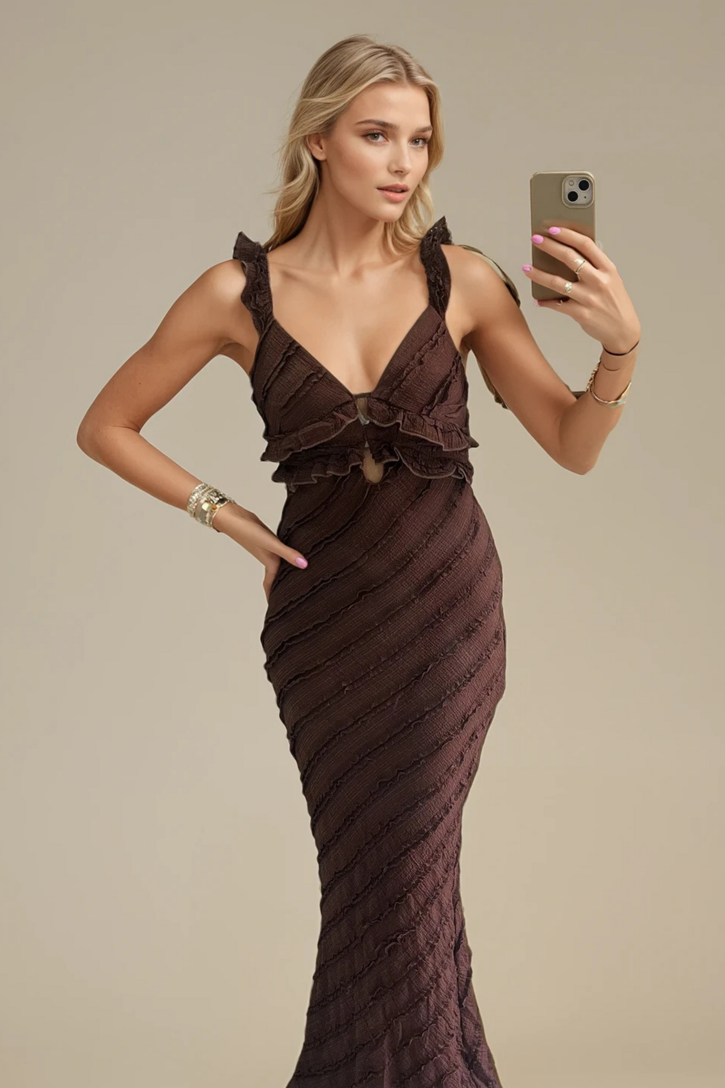 Brown Frill Plunge Neck Maxi Dress