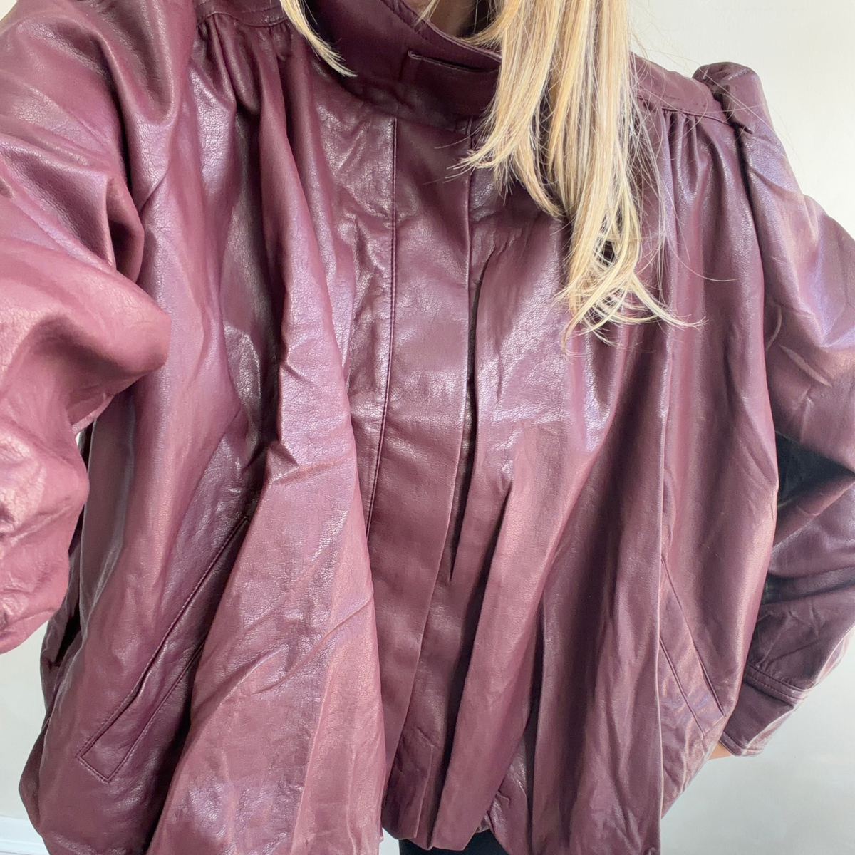 Burgundy Faux Leather High Neck Bomber Jacket