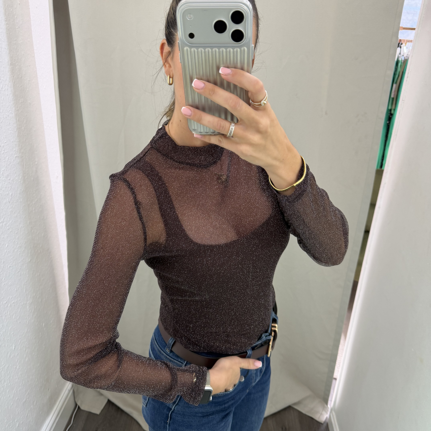 Sheer Metallic Long Sleeve Bodysuit – Chocolate