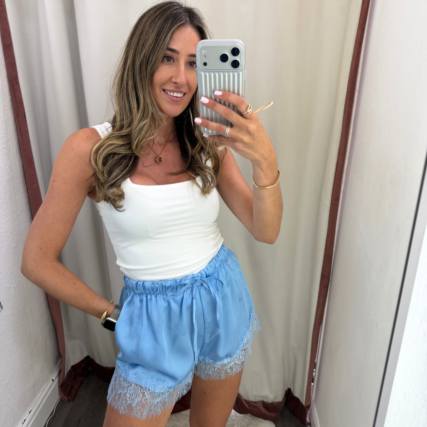 Powder Blue Lace Trim Shorts