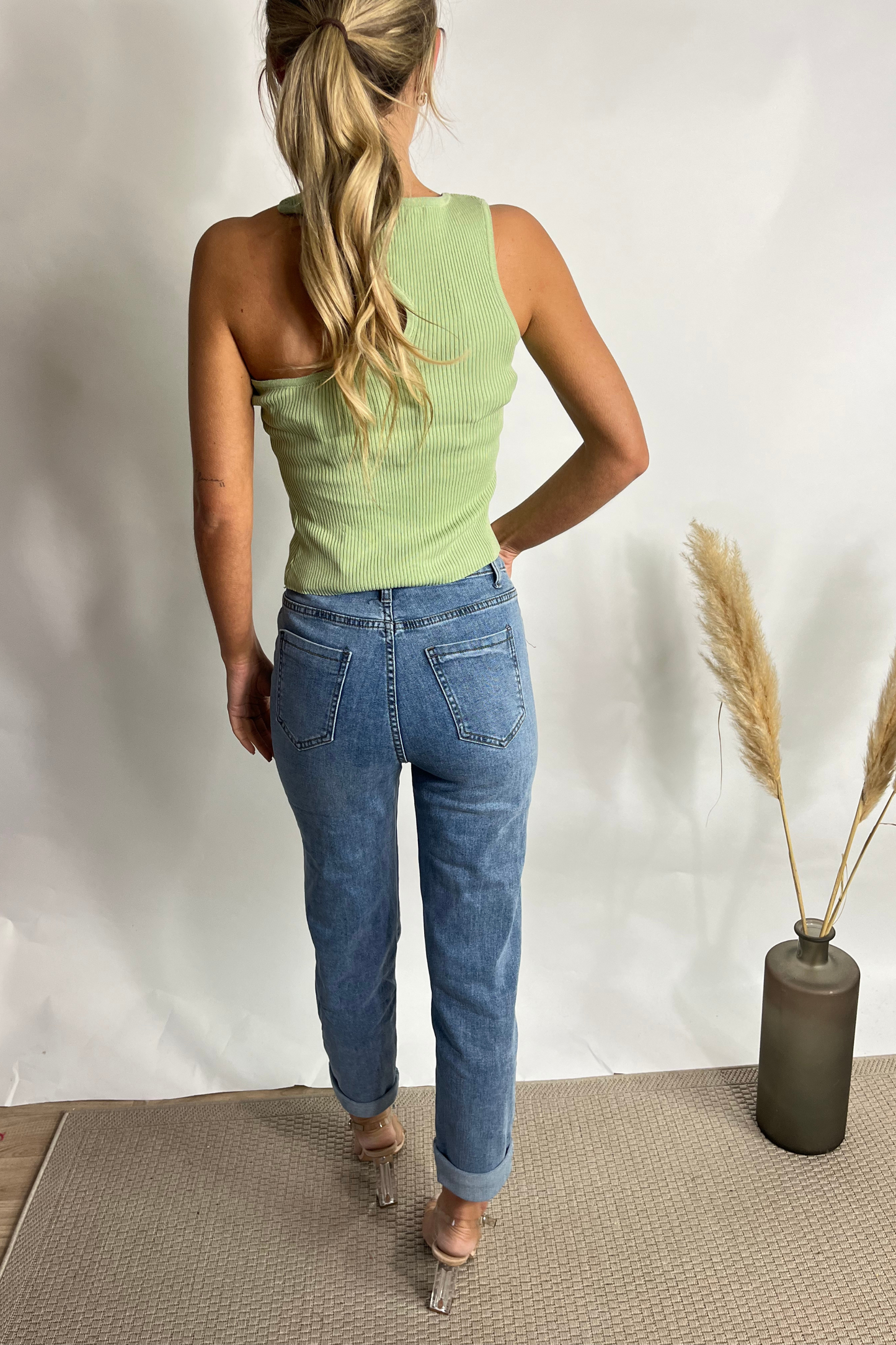 Green Ribbed Cut Out Shoulder Top