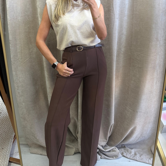 Chocolate brown belted tailored trousers styled for an easy autumn outfit