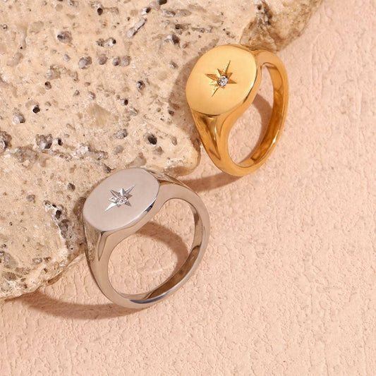 Signet Ring with Star Design - Gold or Silver