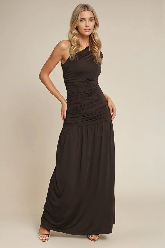 Brown One Shoulder Ruched Maxi Dress