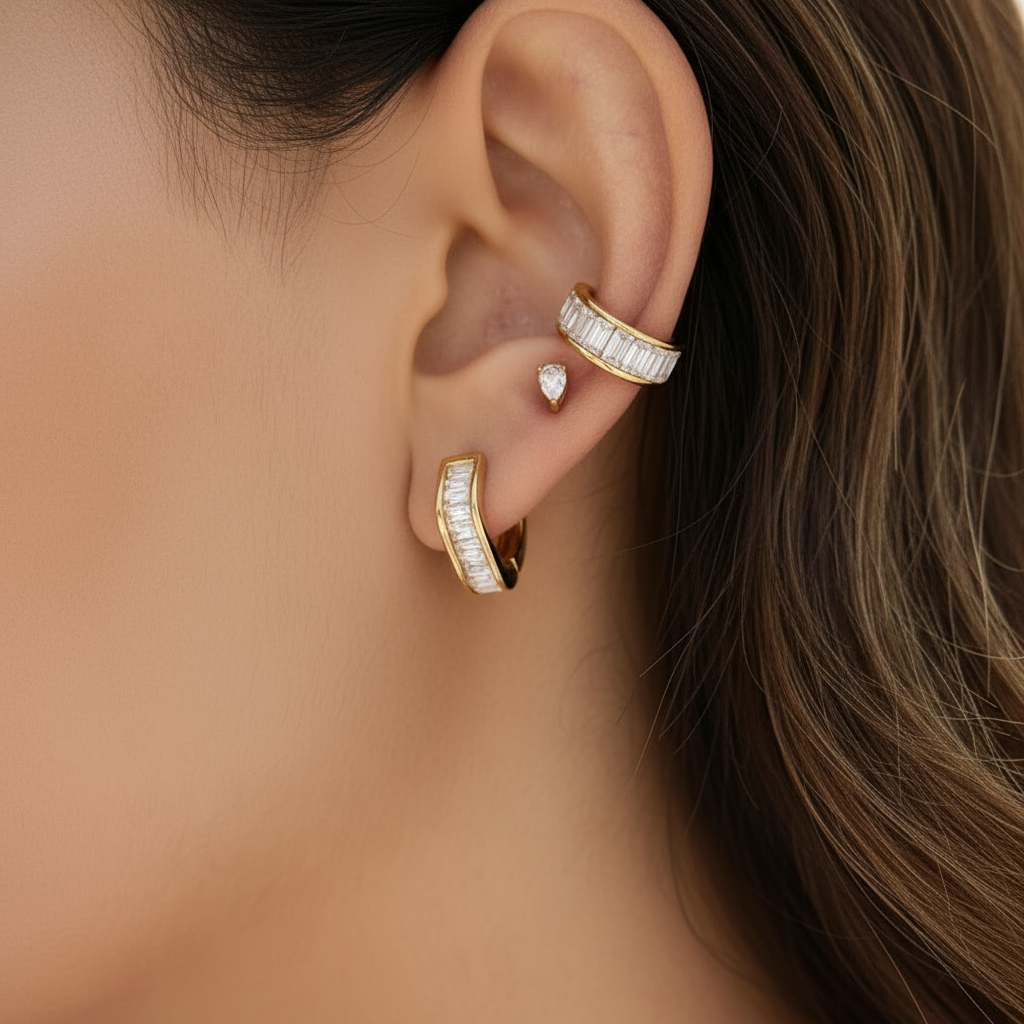Baguette Cut Crystal Huggie Hoop Earrings