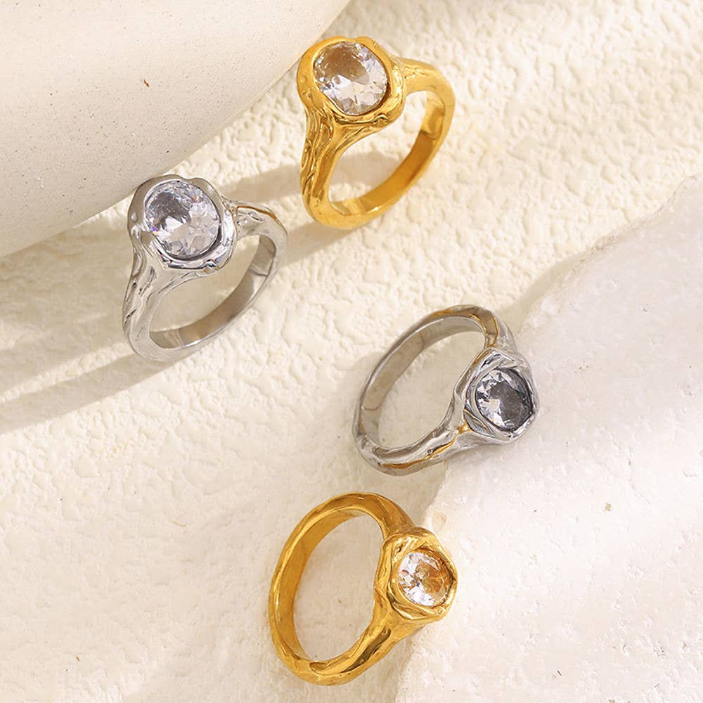 Irregular Oval CZ Ring - Gold or Silver