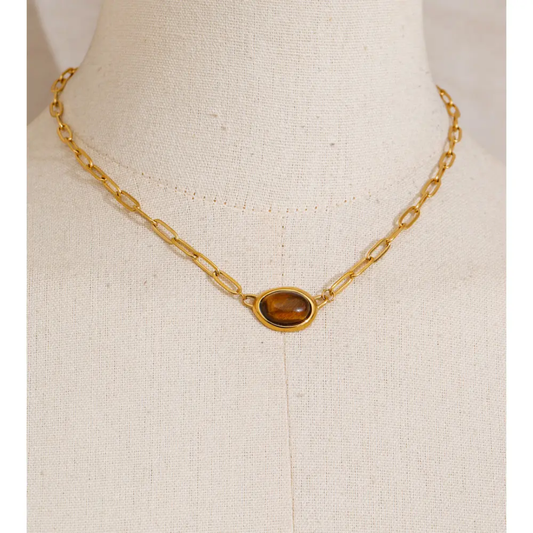 Tigers Eye Oval Pendant Gold Necklace