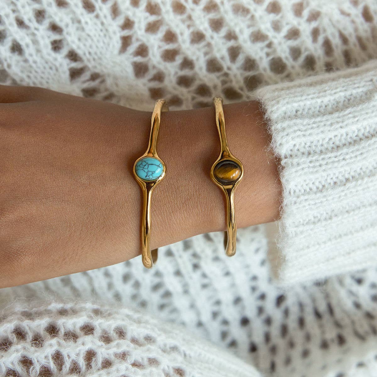 Oval Gemstone Cuff Bracelet - Turquoise or Tigers Eye