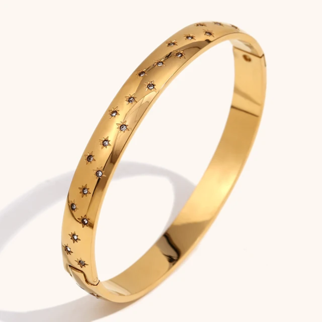 CZ Star Engraved Bracelet Bangle - Gold or Silver
