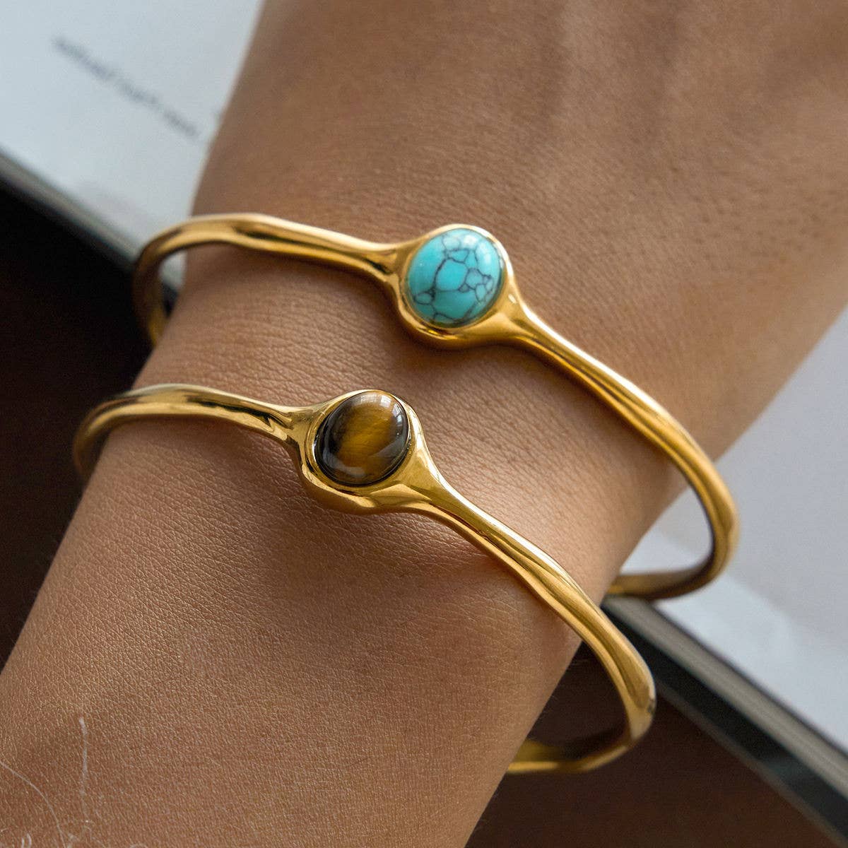 Oval Gemstone Cuff Bracelet - Turquoise or Tigers Eye