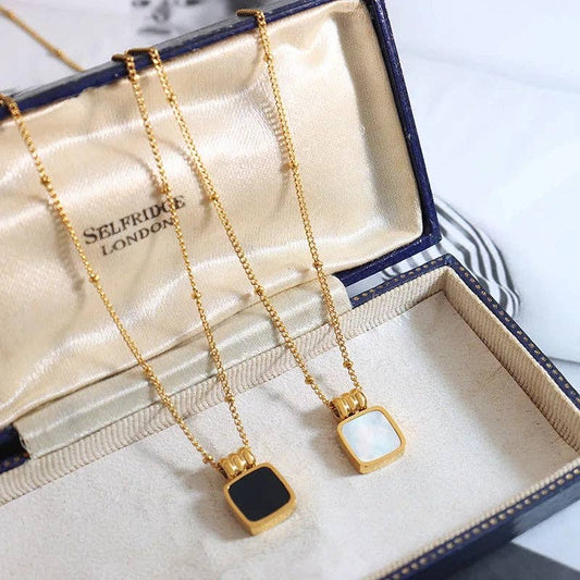Square Pendant Gold Necklace - Black or Pearl