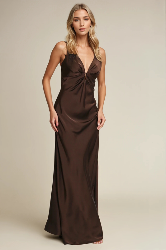 Brown Satin Plunge-Neck Maxi Dress