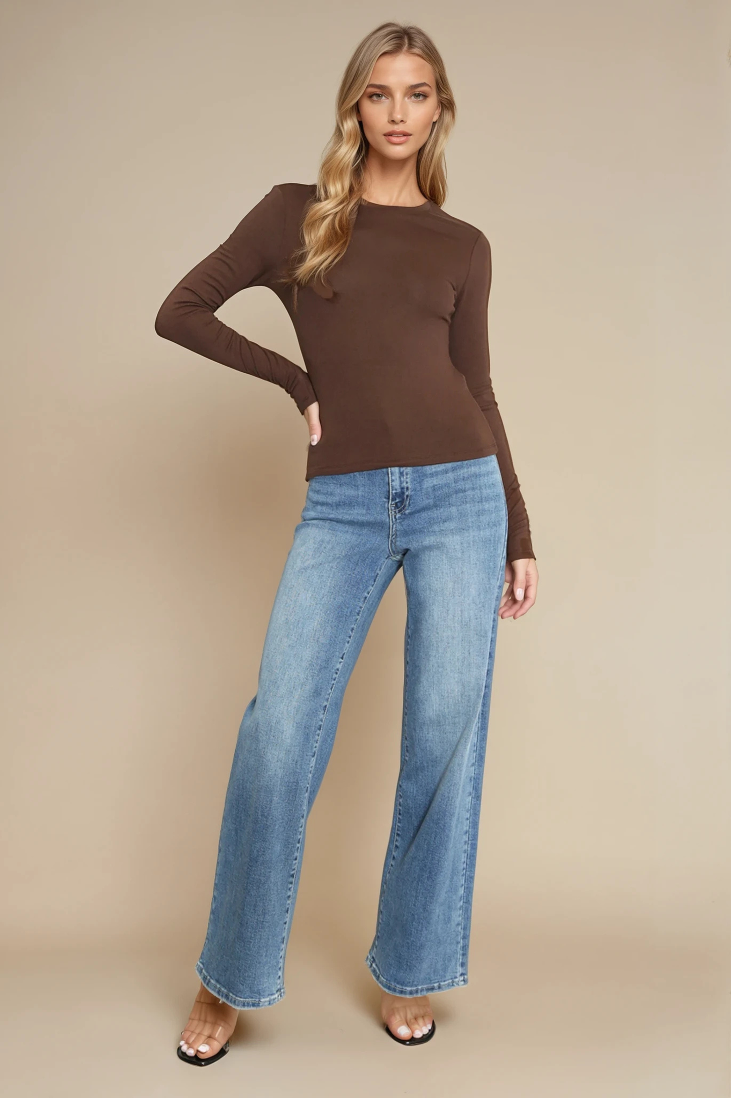 Essential Long Sleeve Round Neck Top — Black & Brown