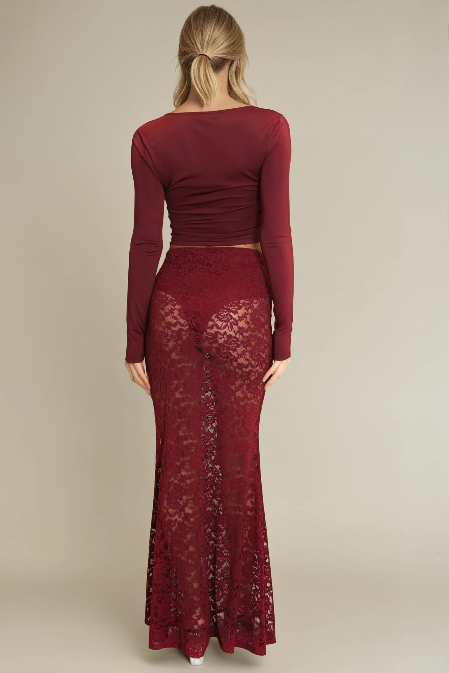 Burgundy Sheer Floral Lace Maxi Skirt
