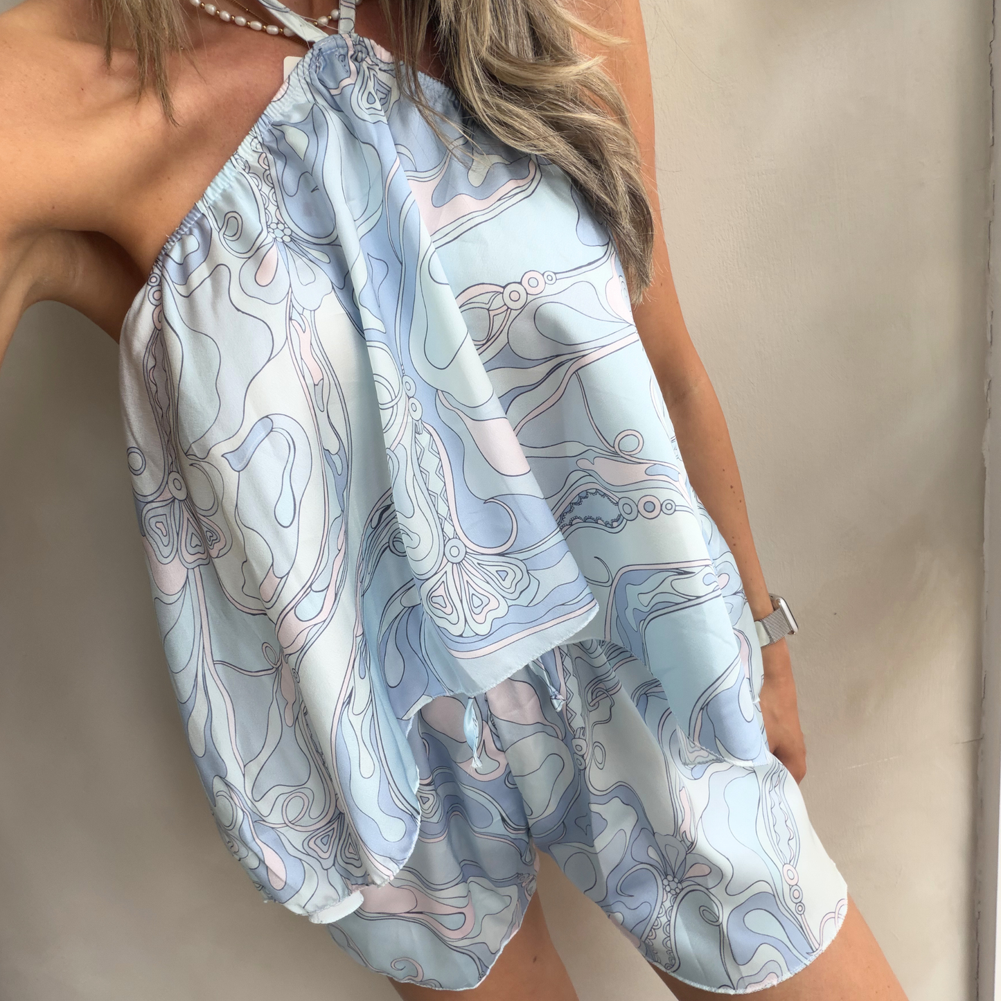 Blue Swirl Halter Short Set