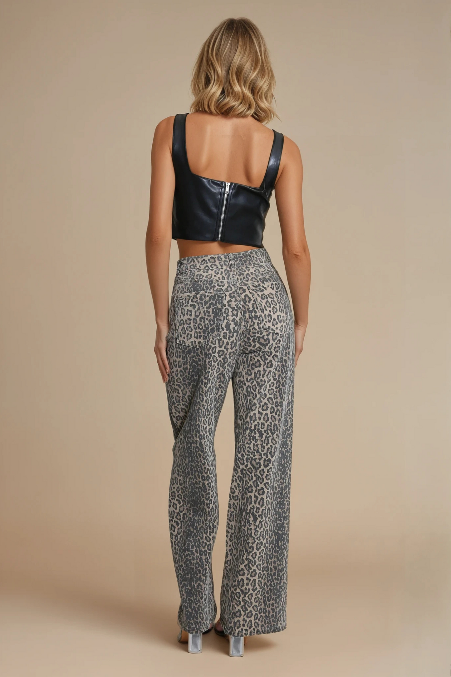 Leopard print stretchy dad fit jeans