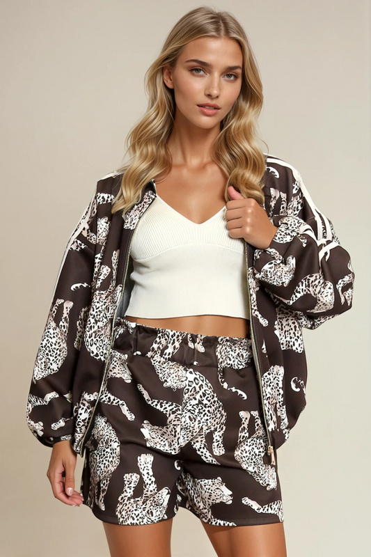 Brown Leopard Print Bomber & Shorts Set
