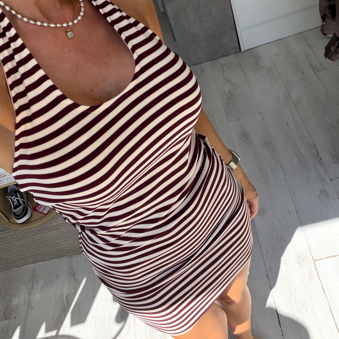 Burgundy & cream Striped Halterneck Mini Dress