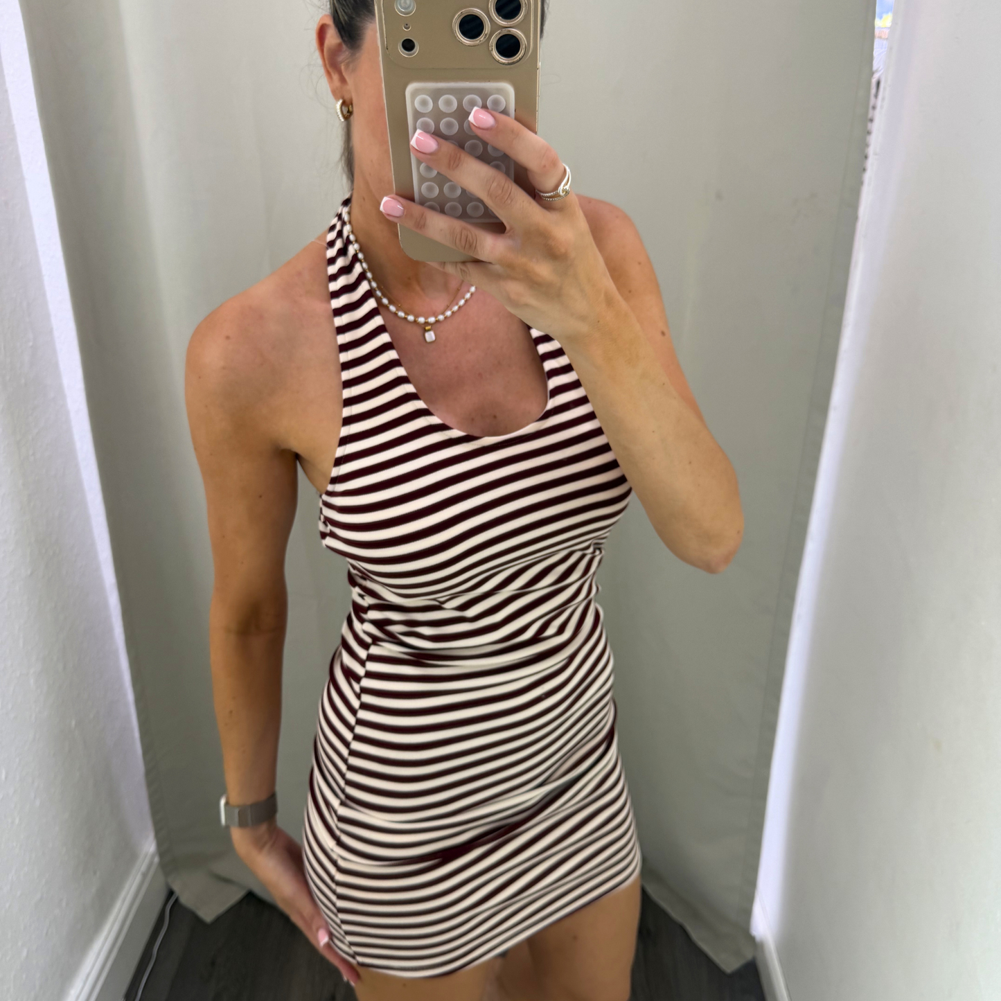 Burgundy & cream Striped Halterneck Mini Dress