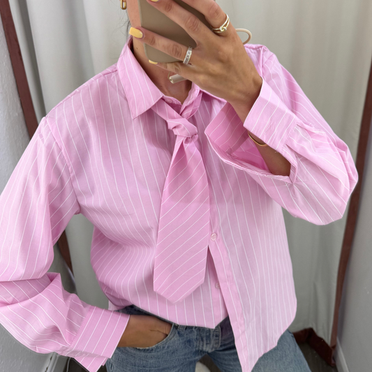 Pink Pinstripe Shirt With Tie Detail