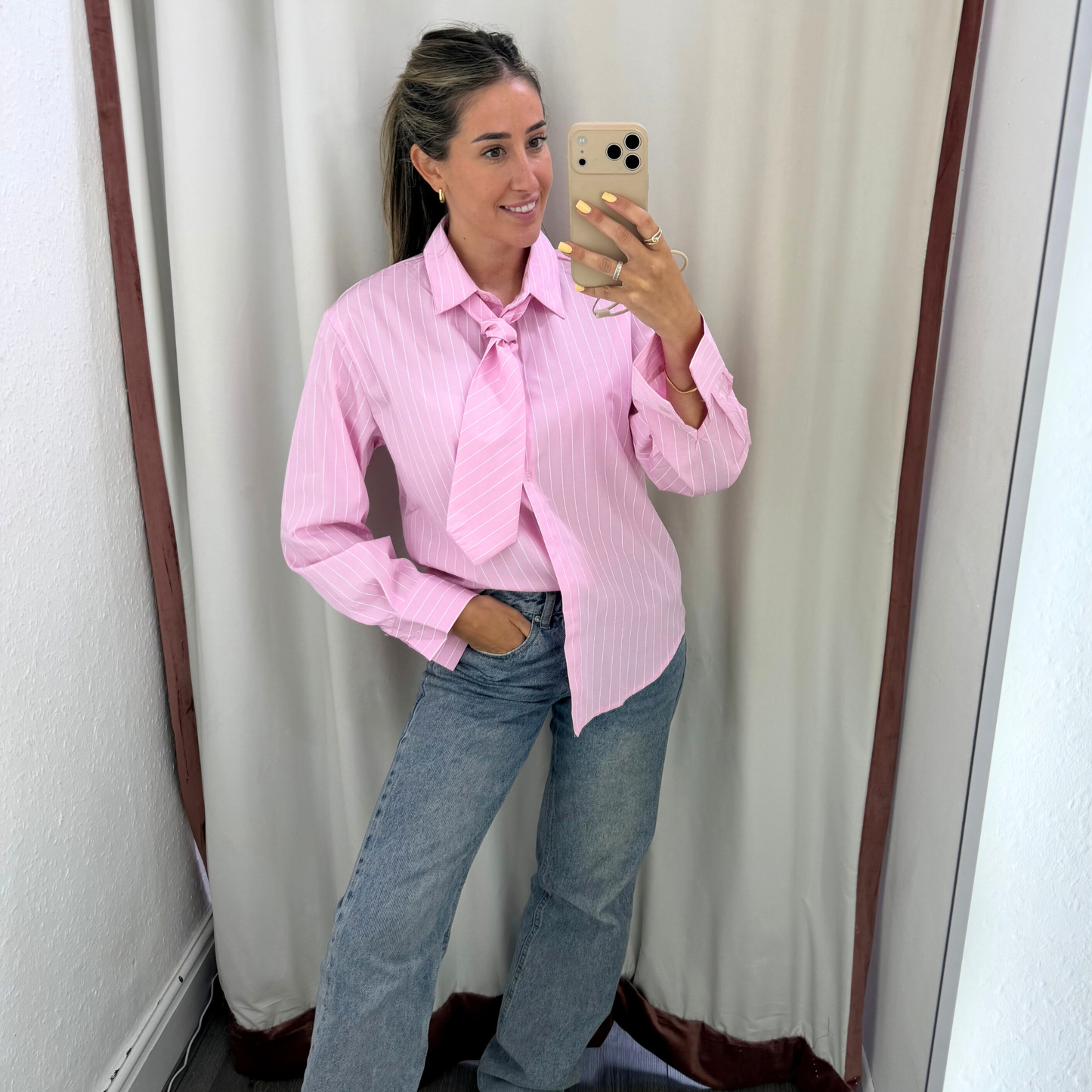 Pink Pinstripe Shirt With Tie Detail