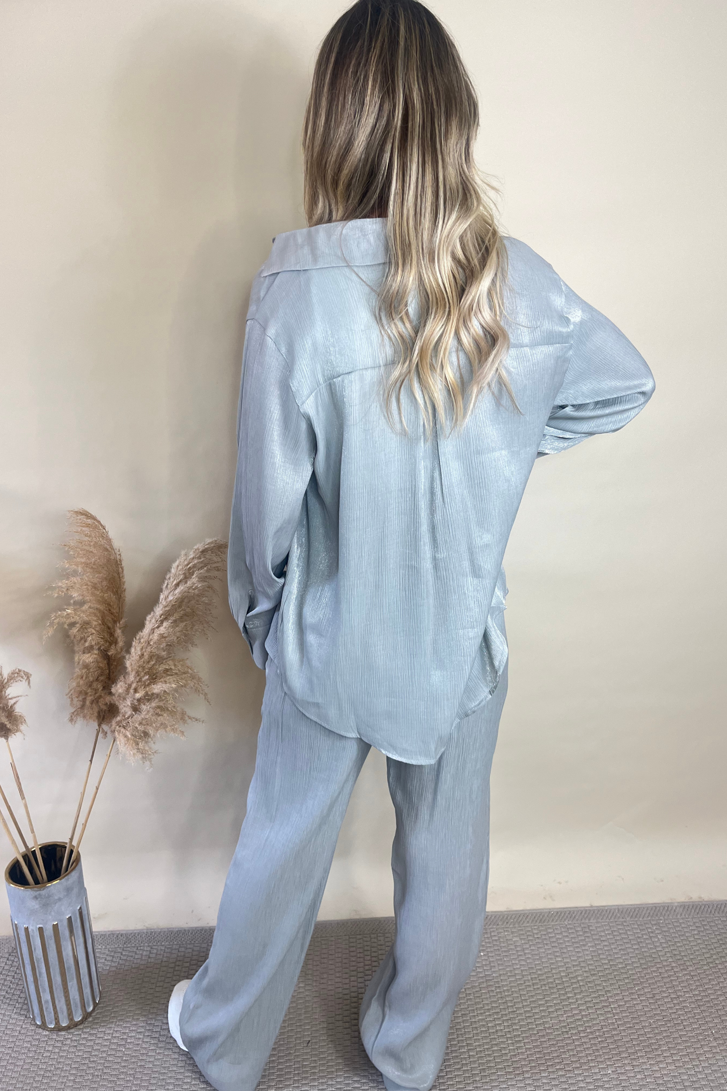 Silver metallic 2 piece blouse and pants co-ord
