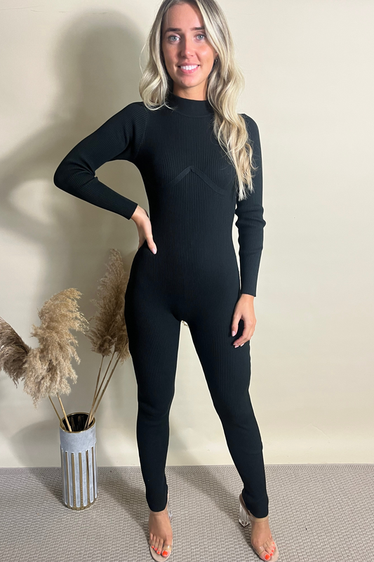 Black Ribbed Knit all in one jumpsuit
