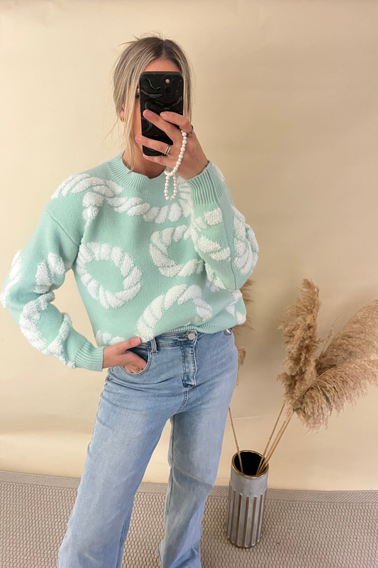 Mint Rope Print Round Neck Knitted Jumper