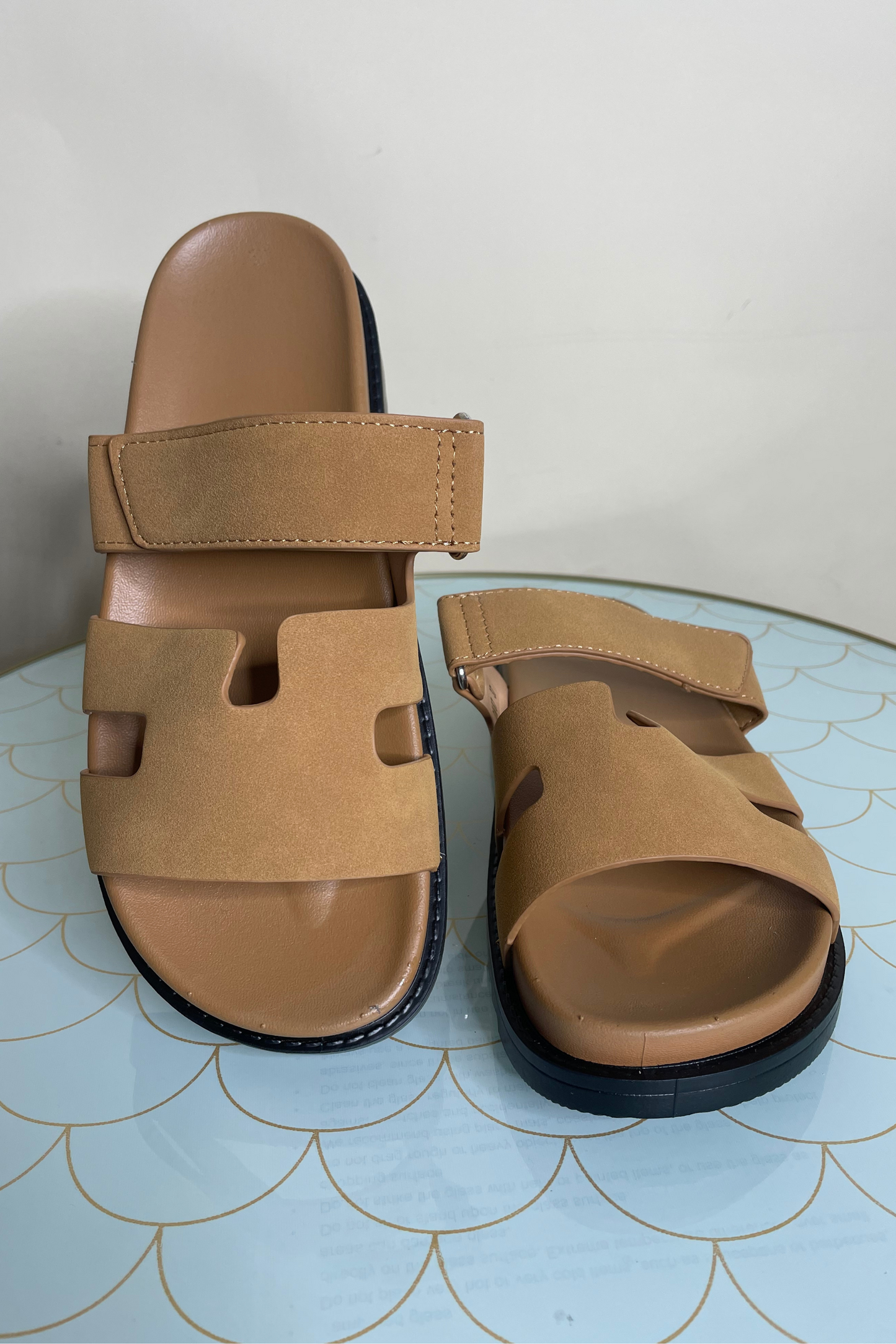 Tan strap slide on sandals