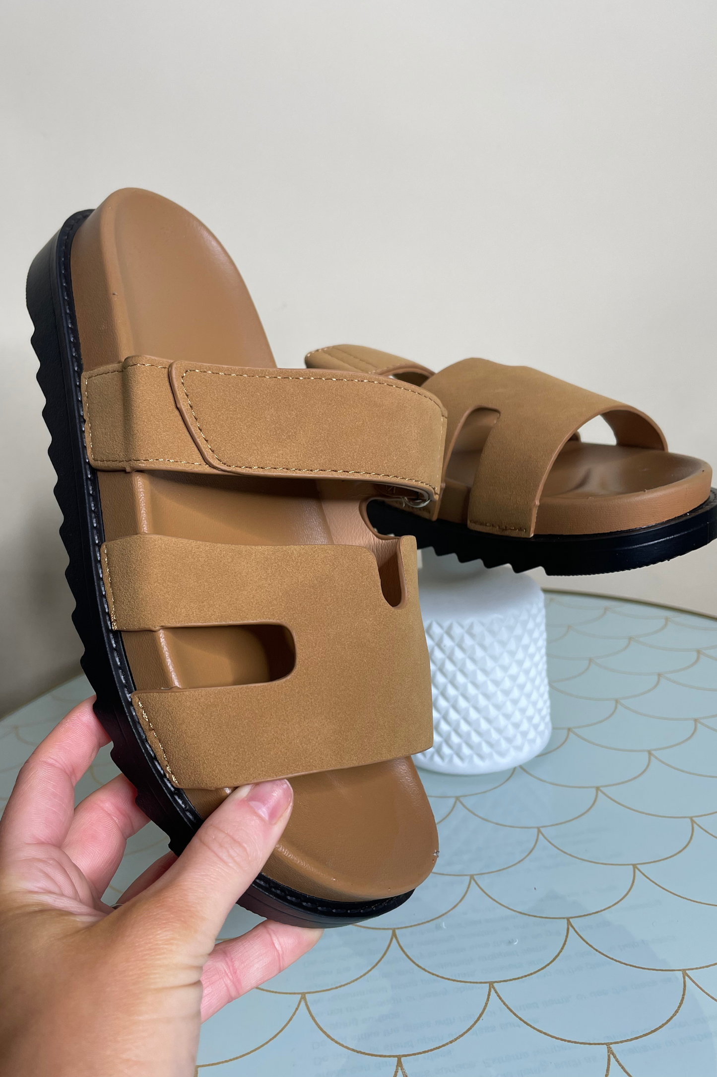 Tan strap slide on sandals