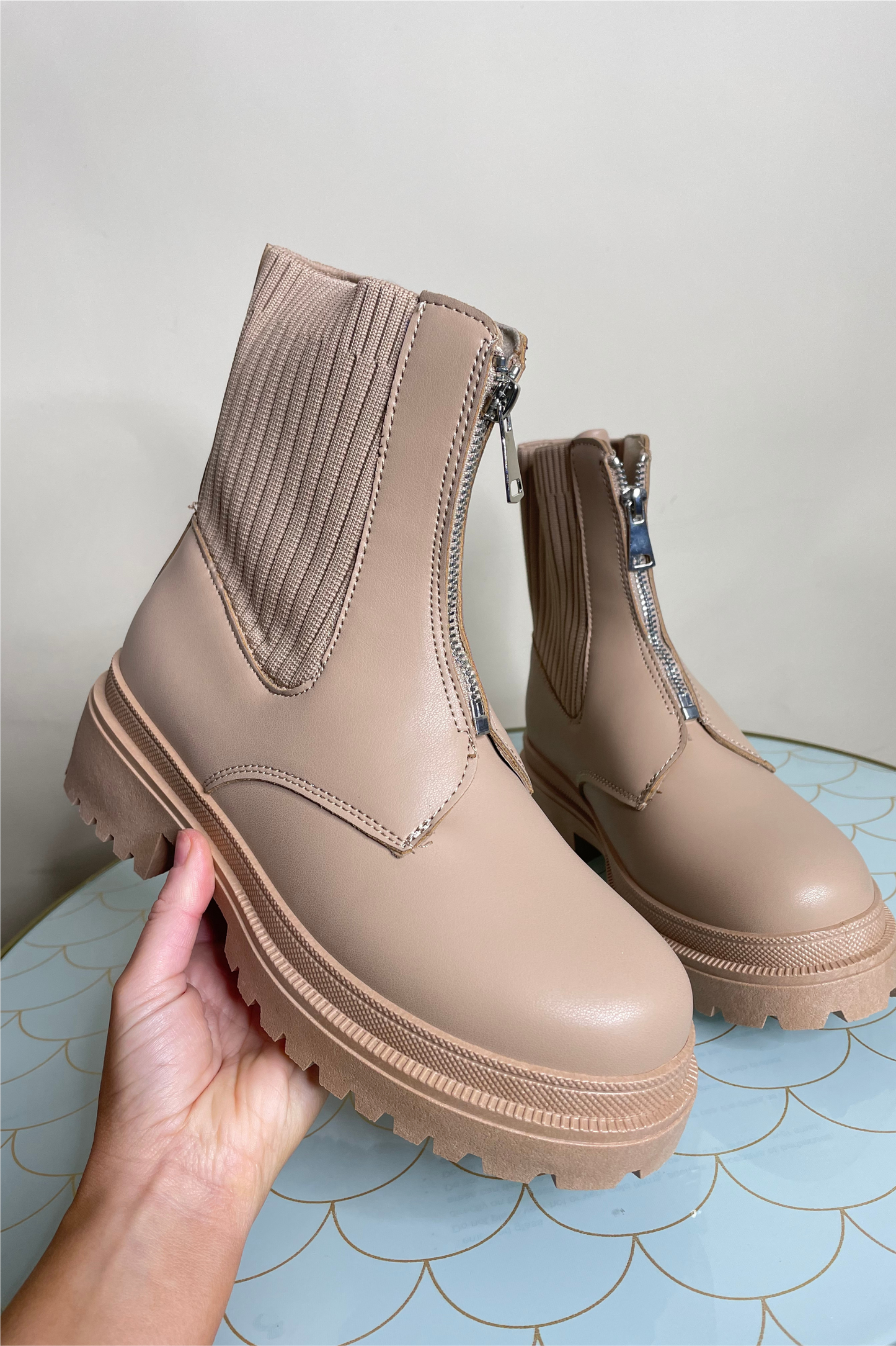 Camel Zip up knit boot