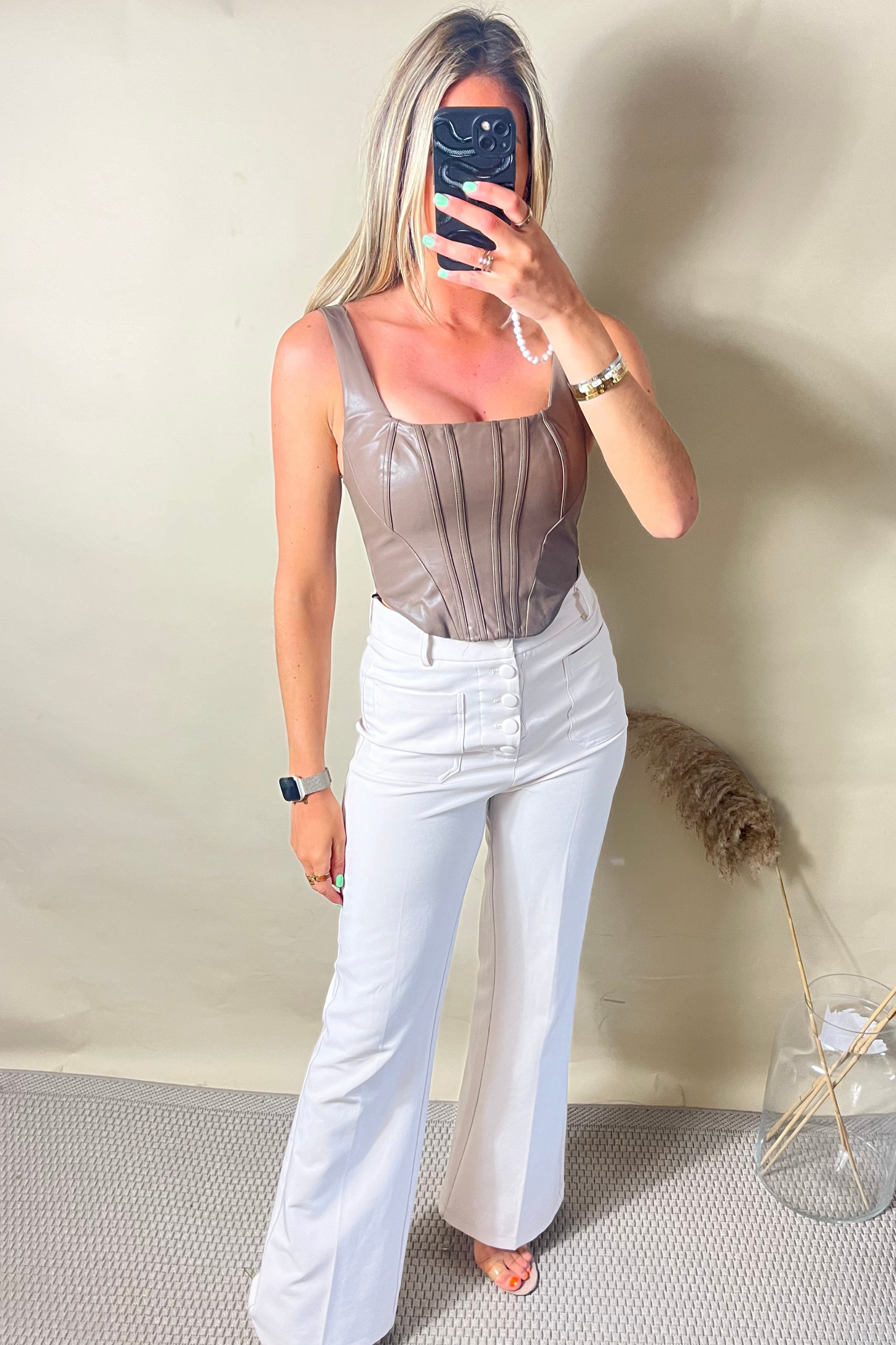 Taupe Panelled PU Corset Top