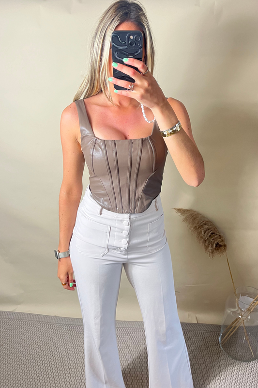 Taupe Panelled PU Corset Top