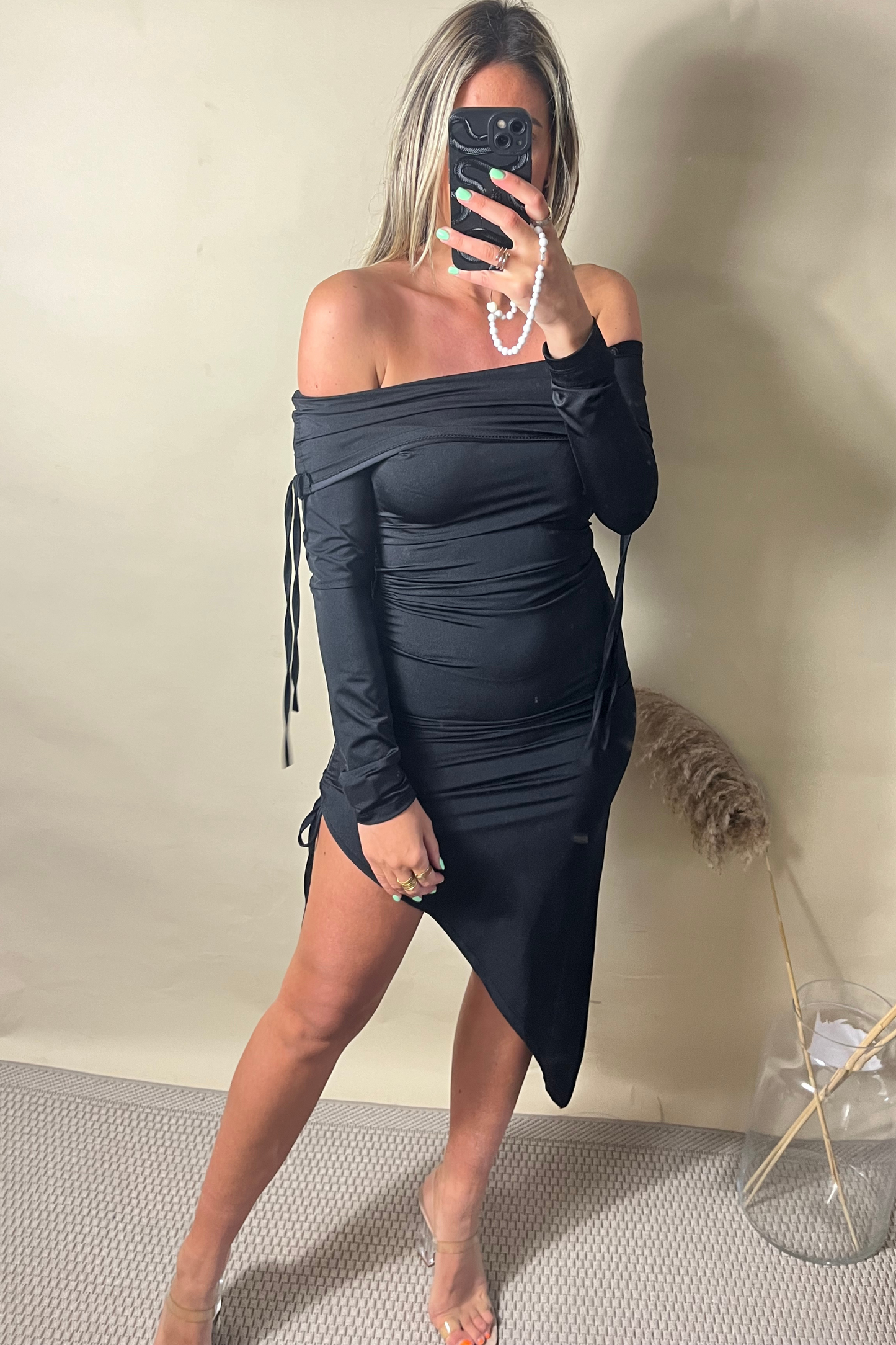 Black Bardot ruched side split dress
