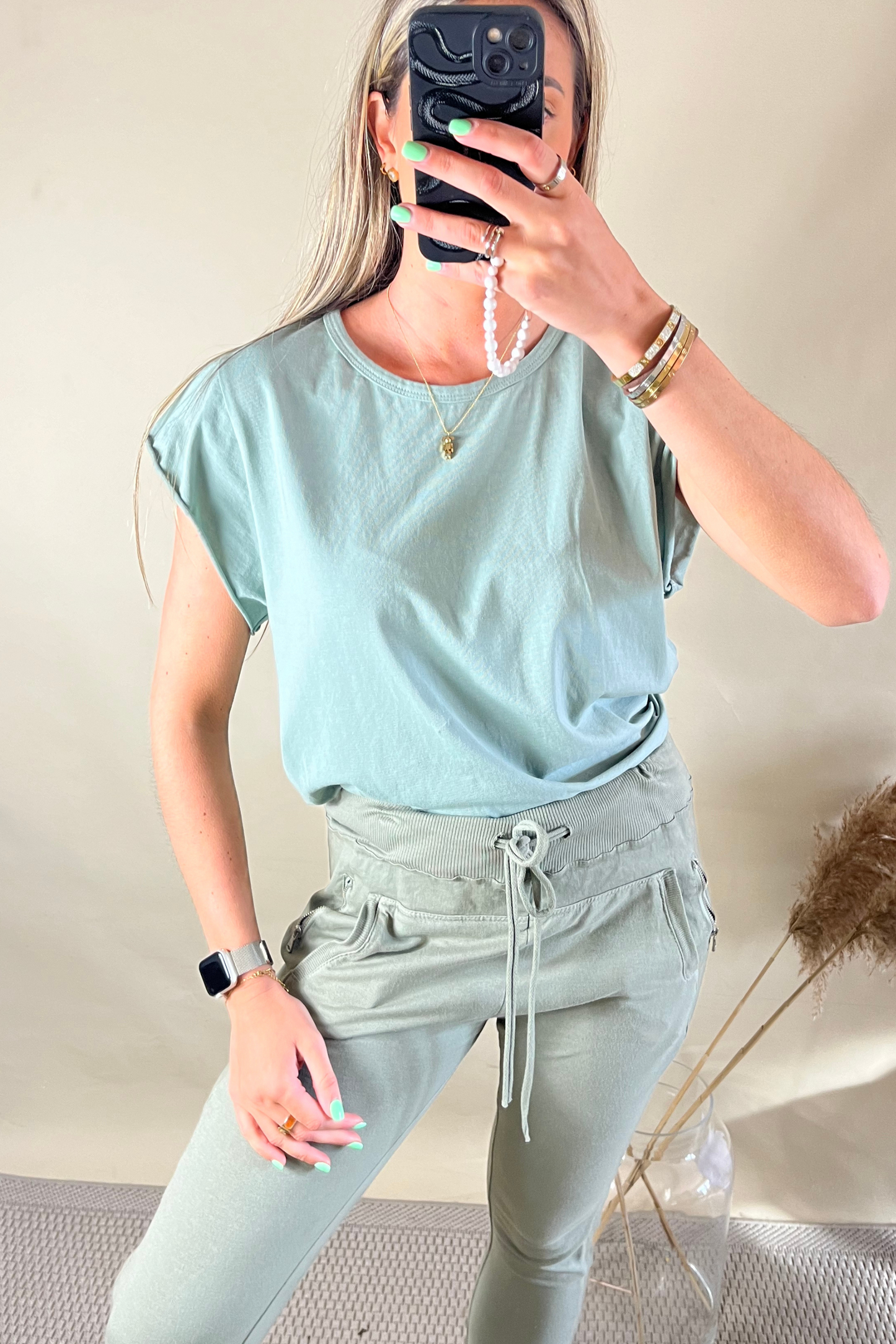 Sage green basic round neck top