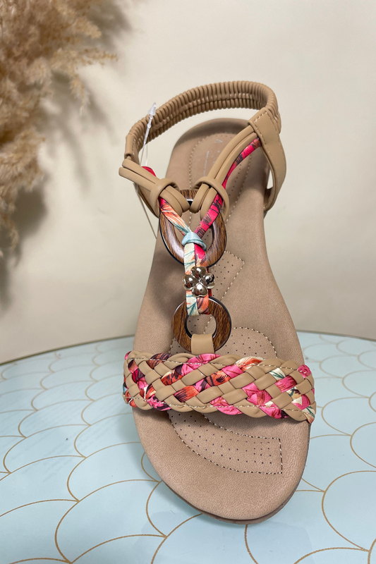 Multicoloured tan strap slip on sandal