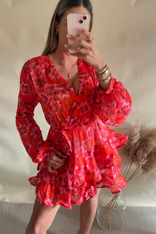 Red floral swing floaty dress