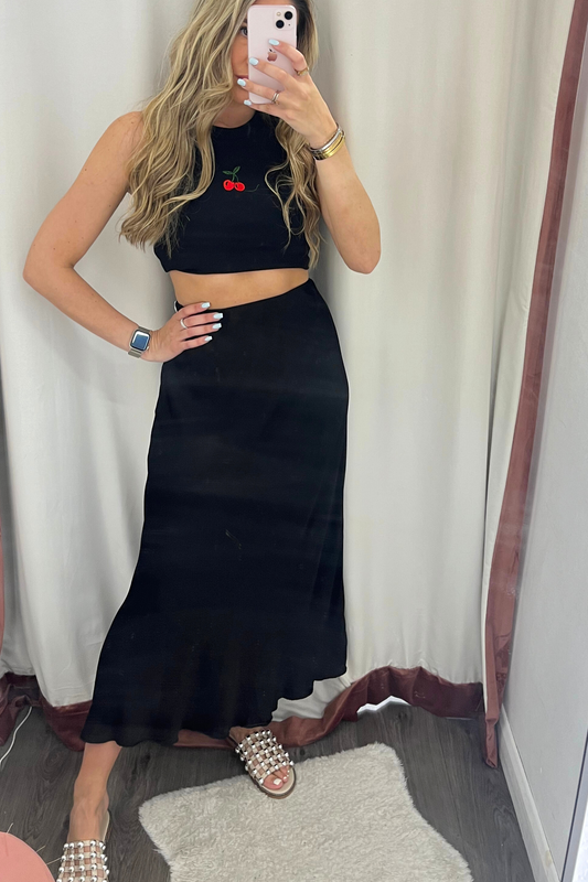 Black satin a-line skirt