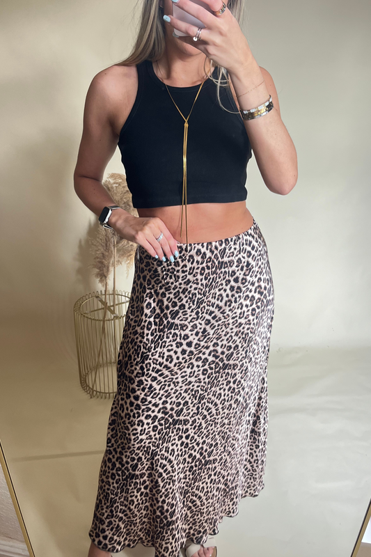 Leopard Print Midi Satin Skirt with Elasticated Waist