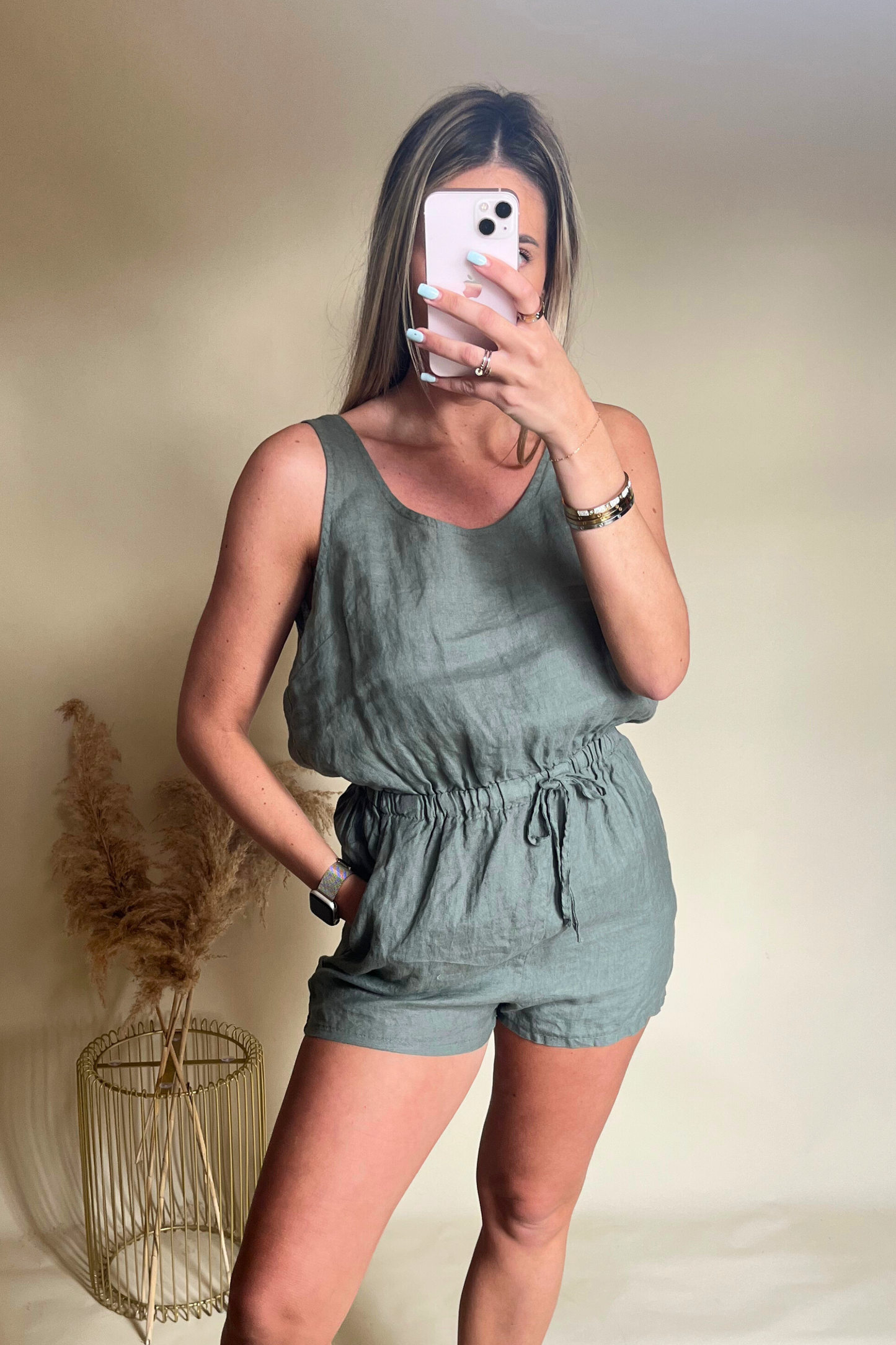 Linen Playsuit with Drawstring Waist and Tie-Back