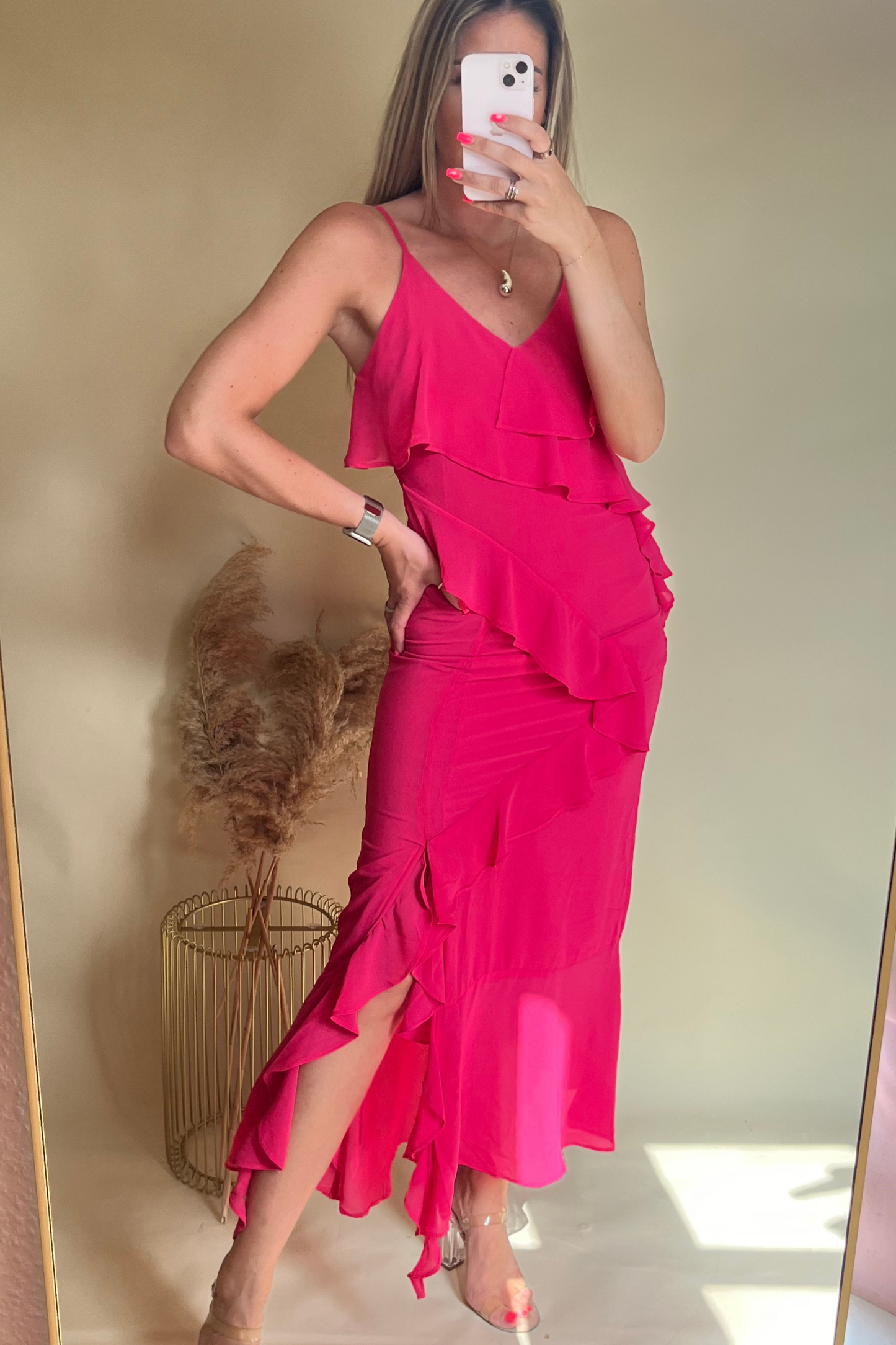 Bright pink ruffle midi dress